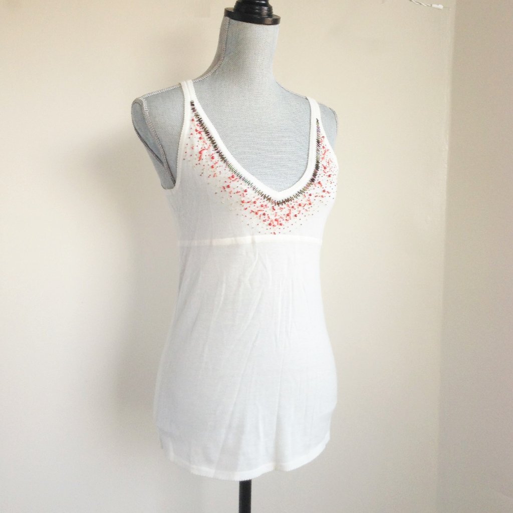 J.Crew Cashmere Beaded Cami Ivory Cream Off White Camisole V-Neck 74203 Sz L
